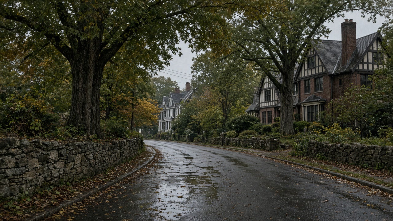 Rain-wet Westchester street with stone walls and Tudor homes under mature trees