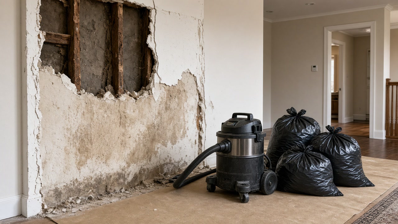Shop vac and black debris bags beside a stripped plaster wall exposing studs