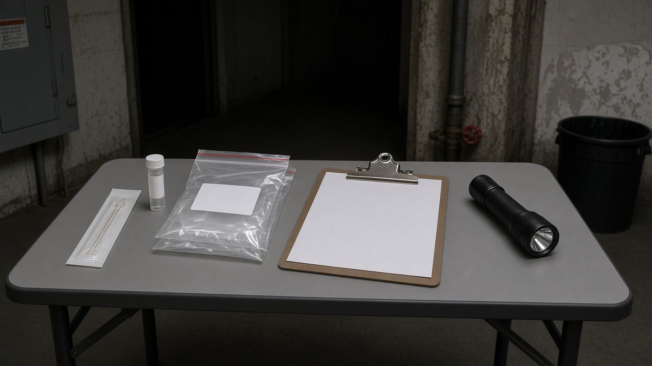 Swab, vial, sample bags, clipboard and flashlight on a folding table in a basement