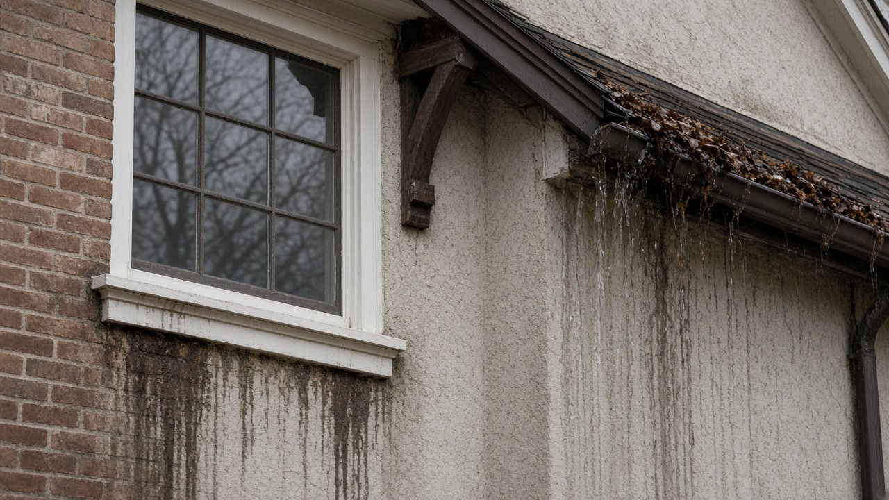 Clogged gutter overflowing onto stained stucco beside a brick window corner