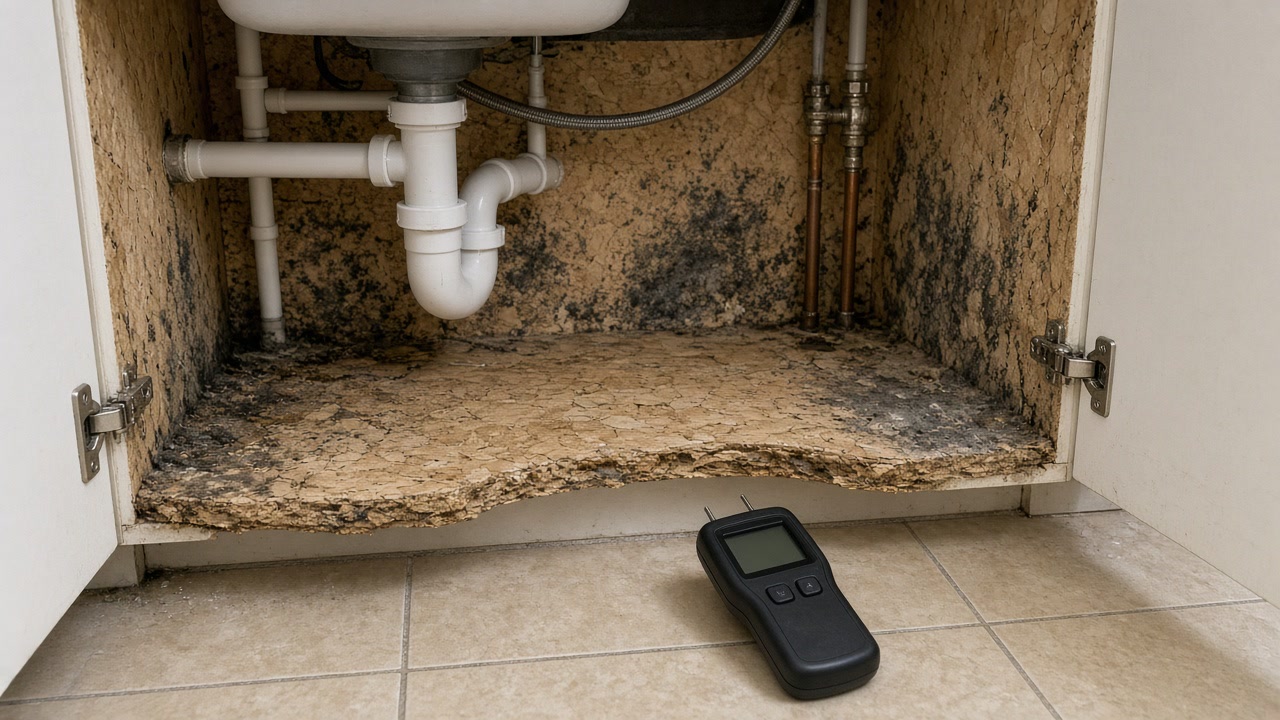 Open under-sink cabinet with dark mold, crumbling shelf and moisture meter on tile