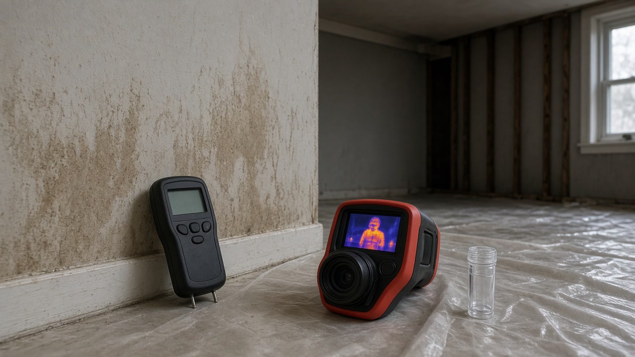 Moisture meter, thermal camera and sample vial on poly sheeting beside a water-stained wall