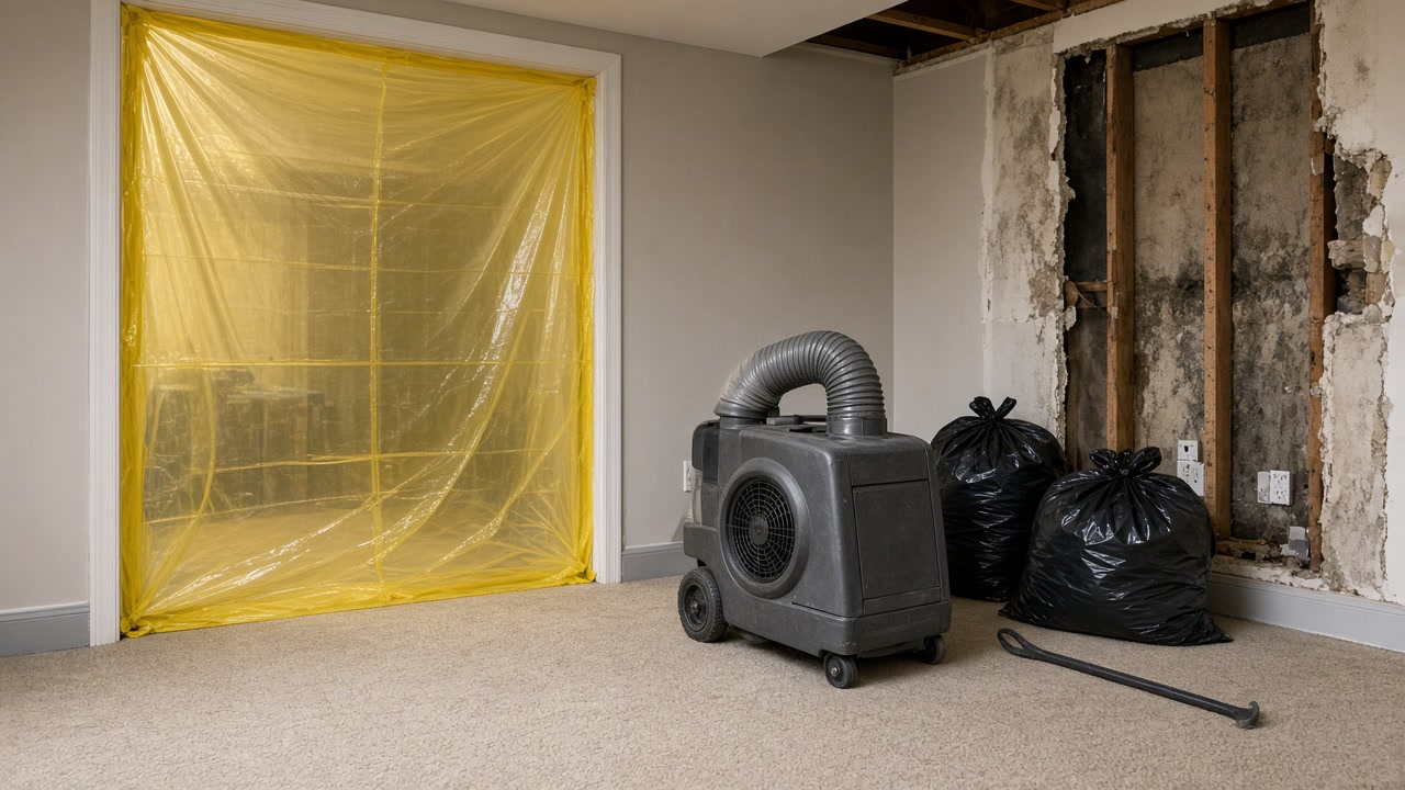 Yellow poly containment across a doorway beside an opened moldy wall cavity with air scrubber and debris bags