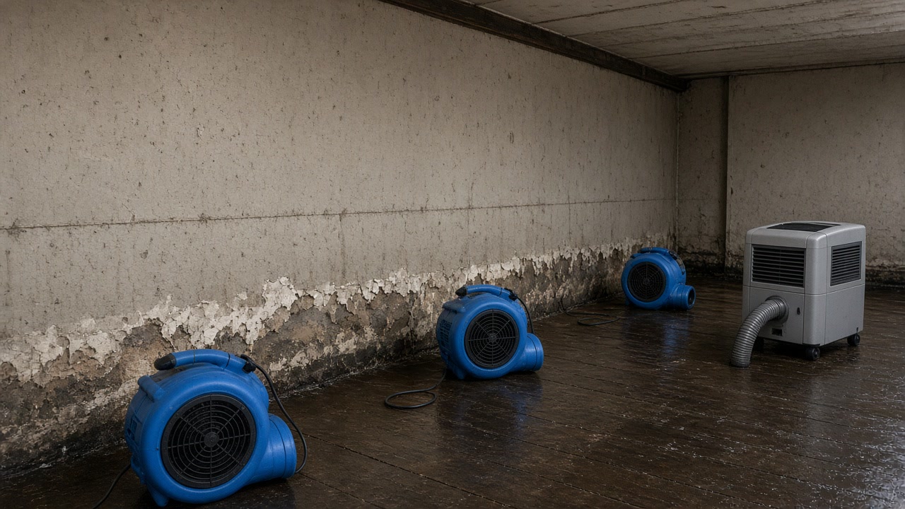 Blue air movers and a gray dehumidifier along a peeling basement wall on a wet wood floor